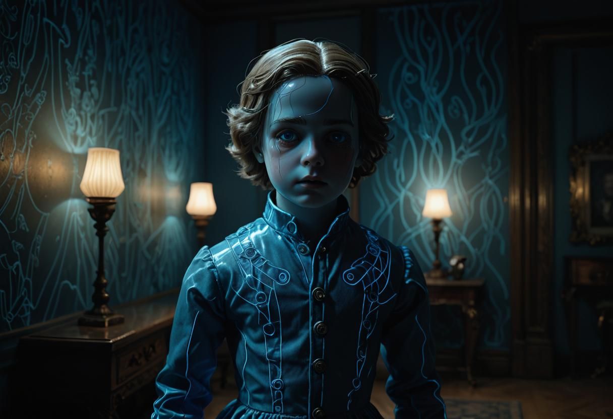 Elegant and Ominous Male Porcelain Doll in Neon Blue