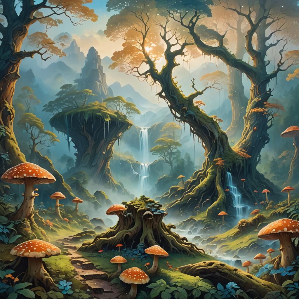 Surreal Mountain Landscape Oil Painting at Dawn