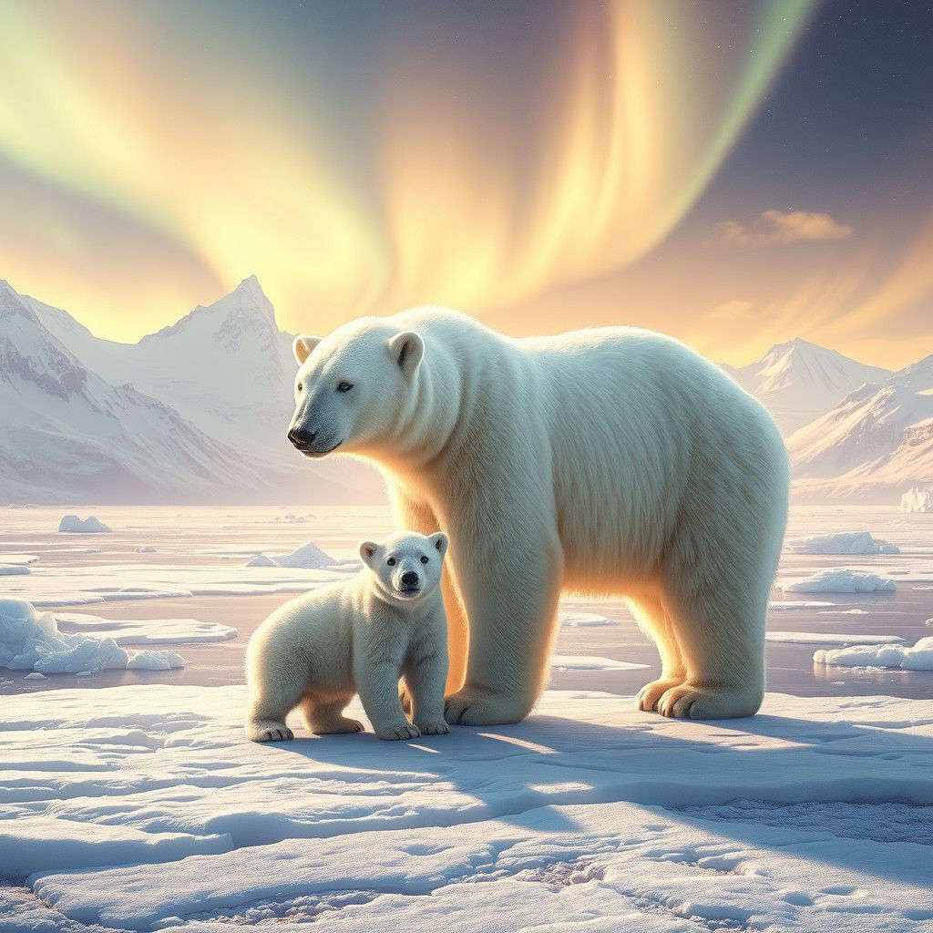 Polar Bear Family in Arctic Aurora: Digital Matte Painting