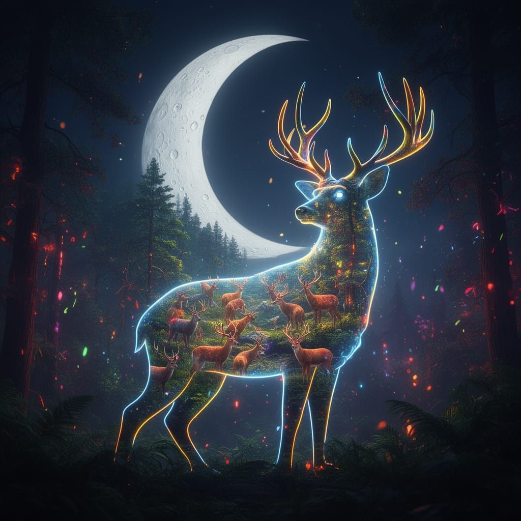 Neon Forest Deer Double Exposure in Crescent Moon