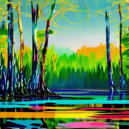 Surreal Landscape in Op Art Style with Watercolour Brushstro...