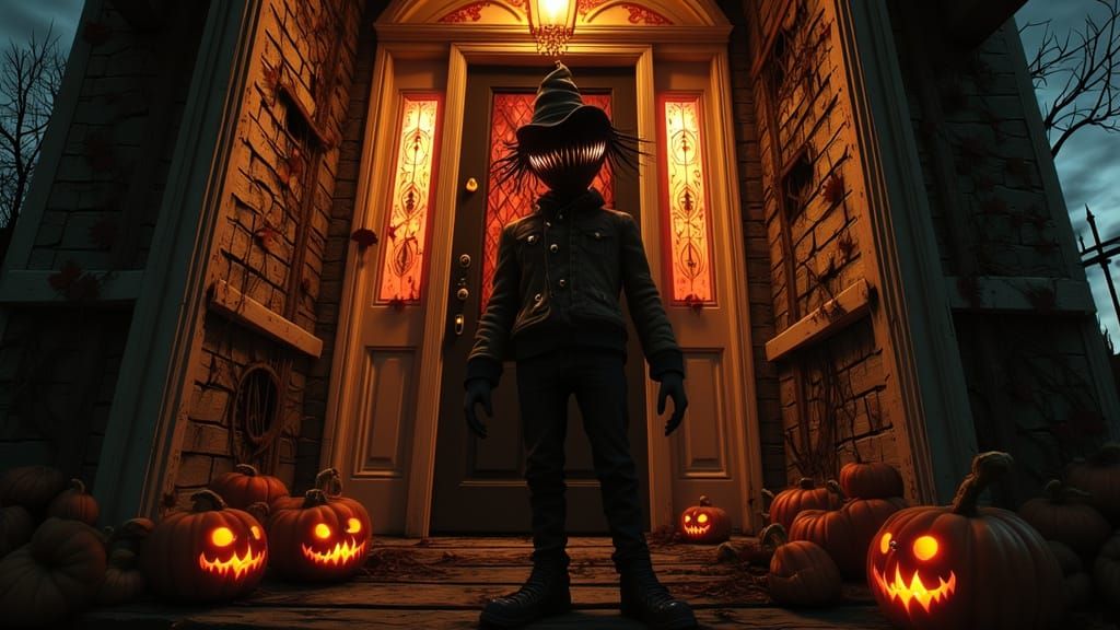 Creepy Trick or Treater on Haunted Porch