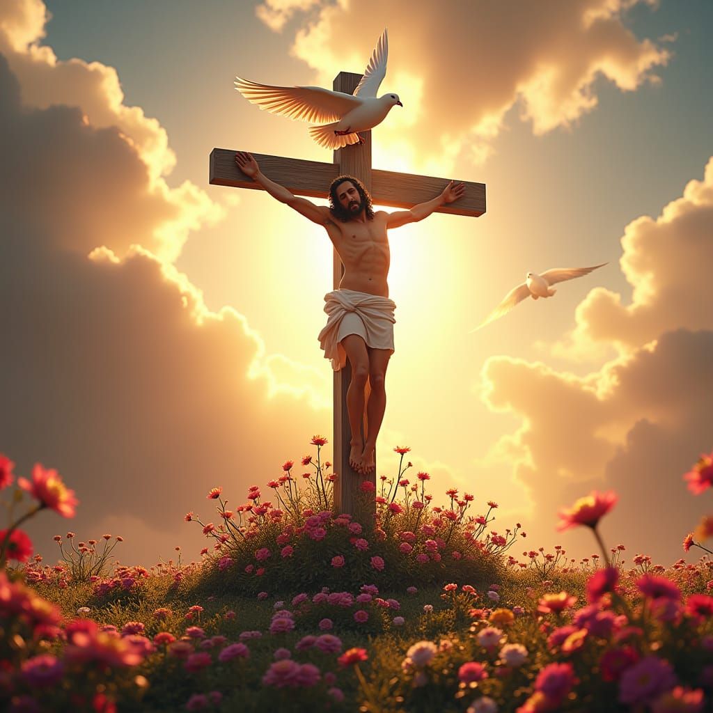 Christ on the Cross with Dove and Flowers