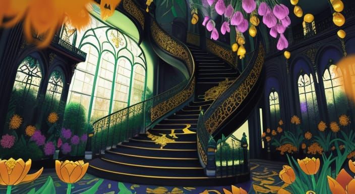 Mysterious Greenhouse Staircase in Dreamlike Oil Painting