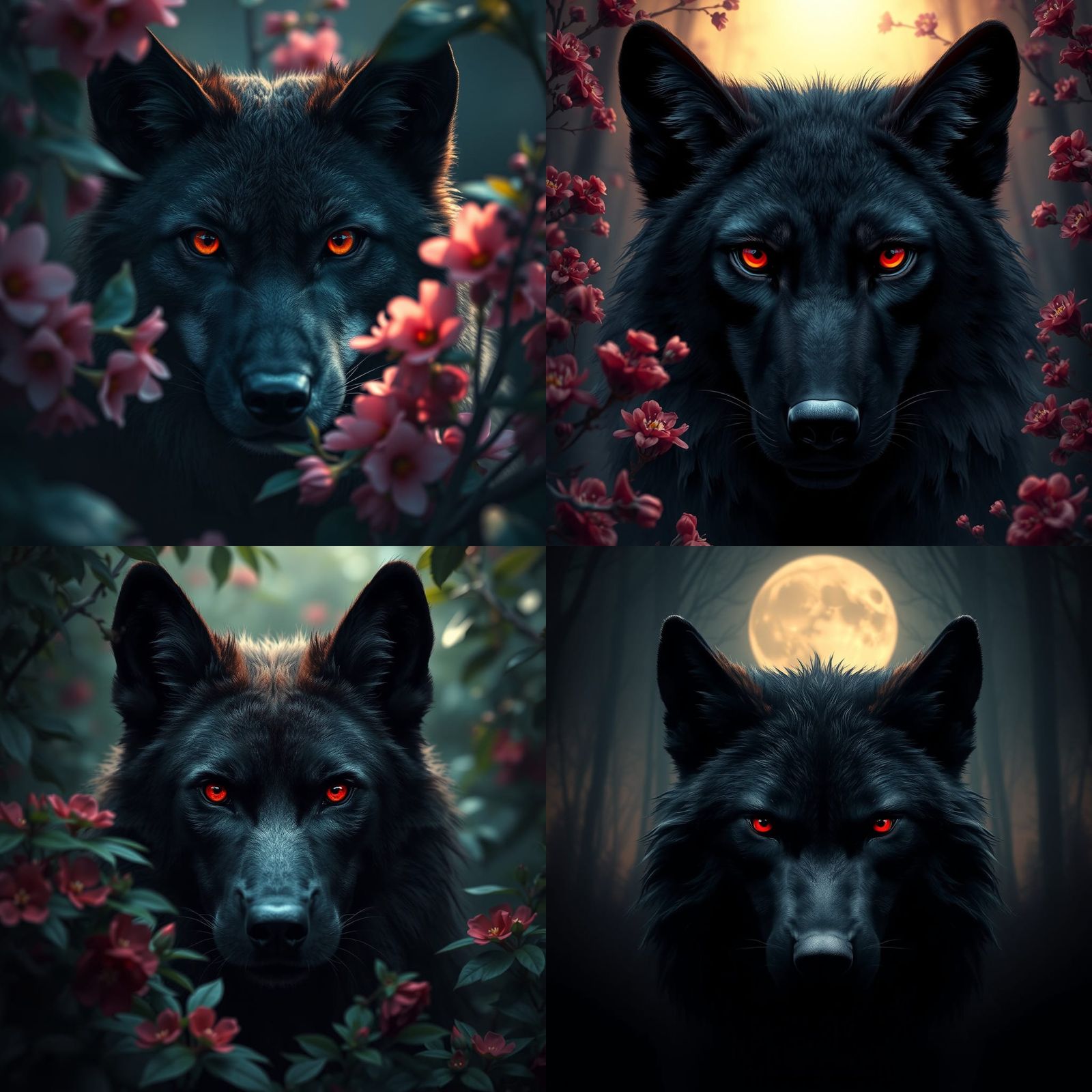 Red-Eyed Black Wolf in Dark Forest, Digital Art