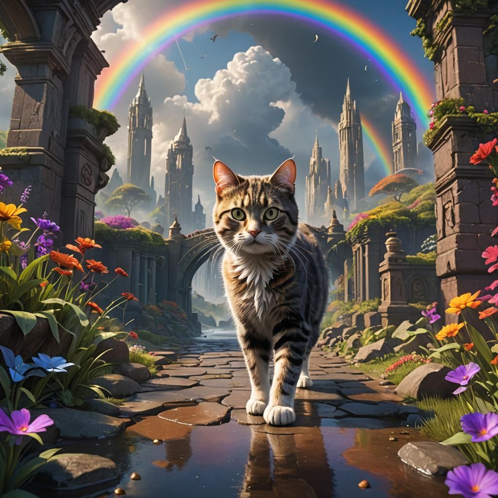 Cat Walks Rainbow Bridge: Detailed Fantasy Art