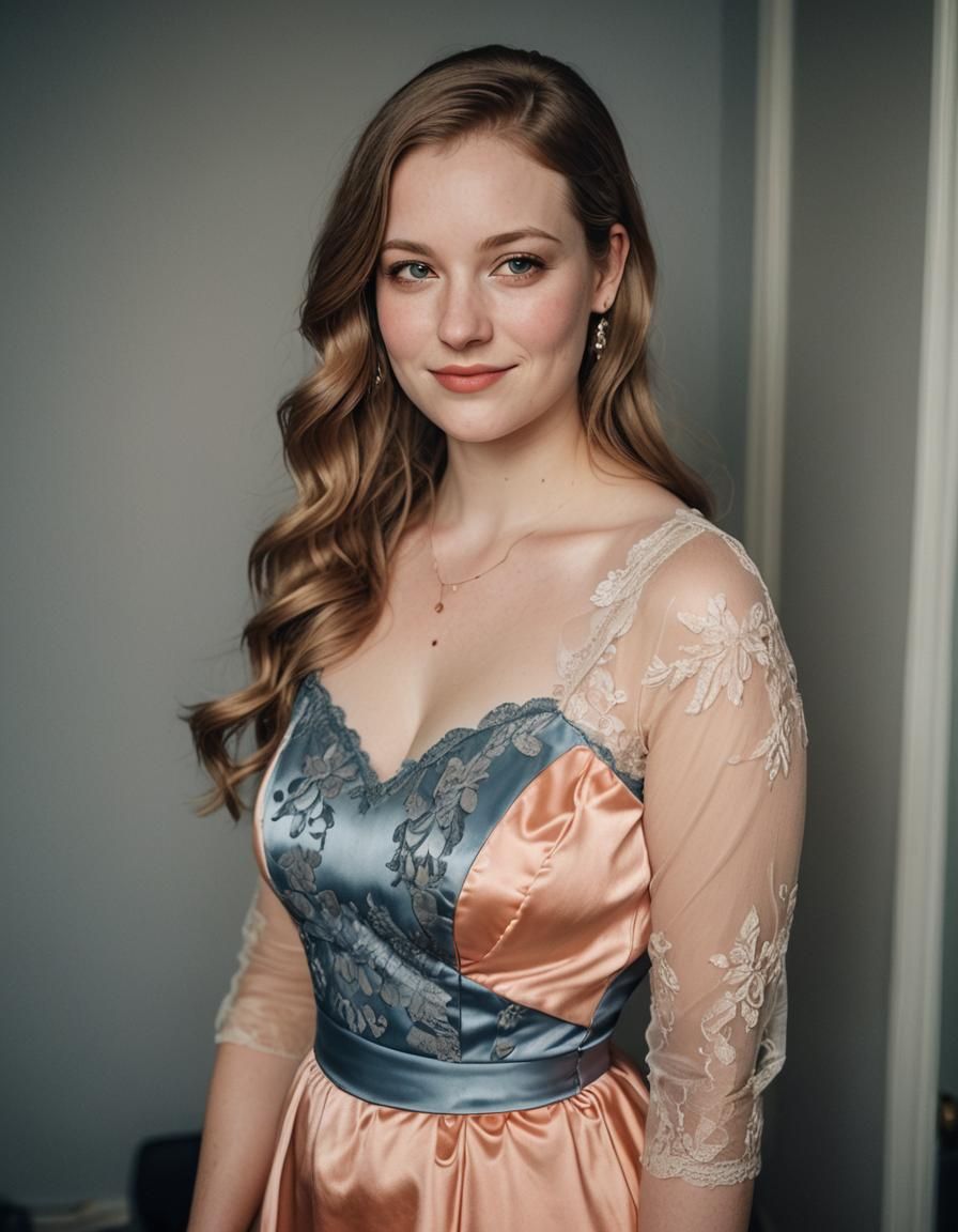A beautiful young curvy German woman with pale skin in a peach And blue satin and lace dress, Shy smile, in her apartmen...