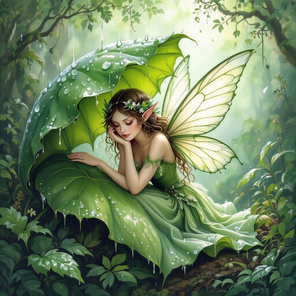 Faerie Hiding Under Leaf in Lush Forest