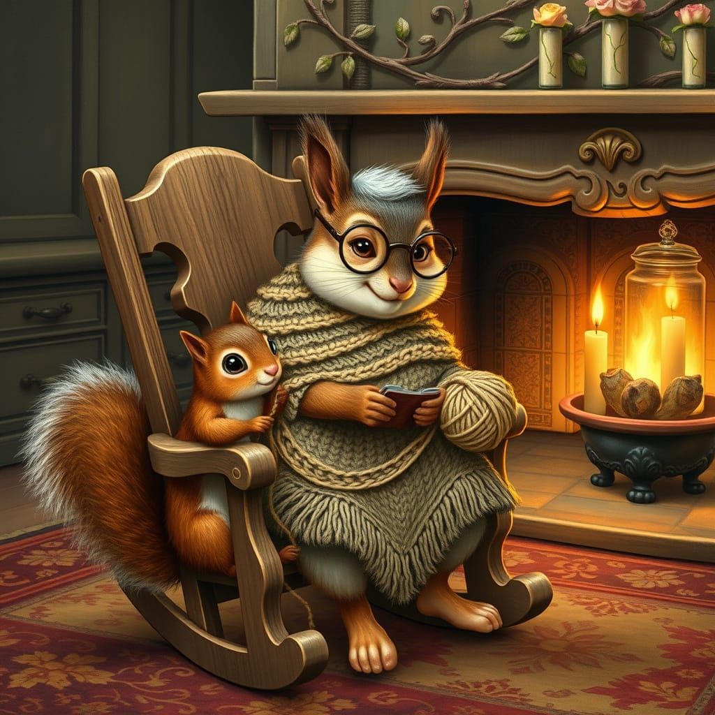 Squirrel Grandmother Knitting by Fireplace in Storybook Styl...