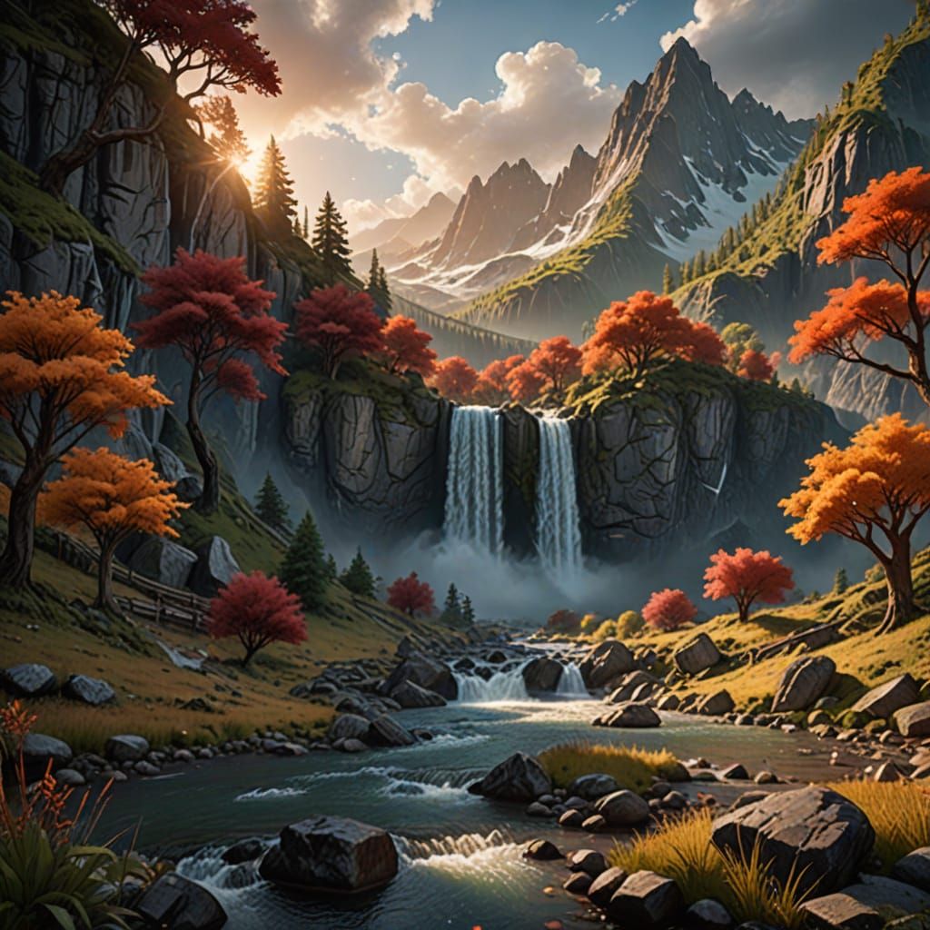 Mountain Waterfall in Lush Landscape, Fantasy Art