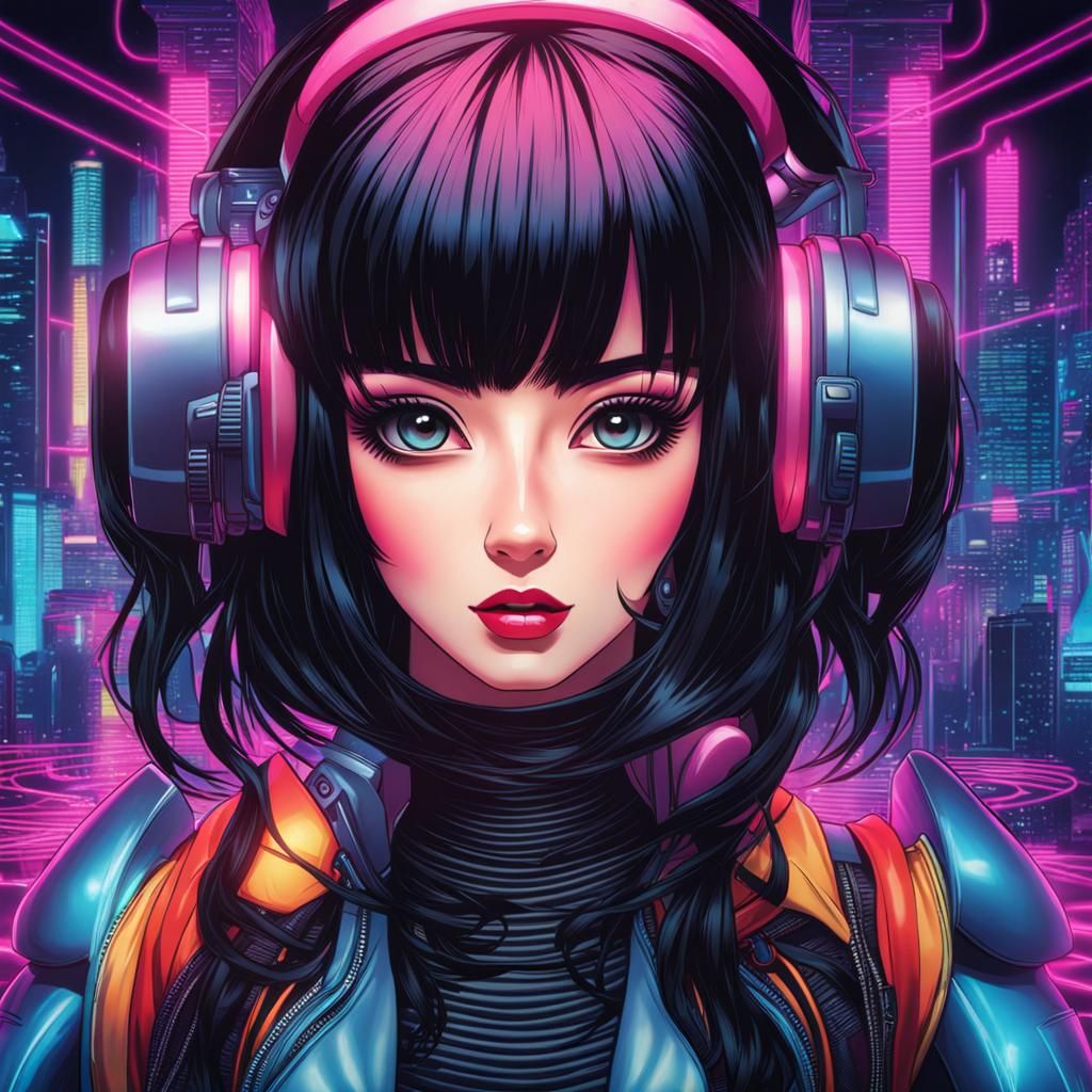 Anime Woman in Retro 80's Synthwave Style