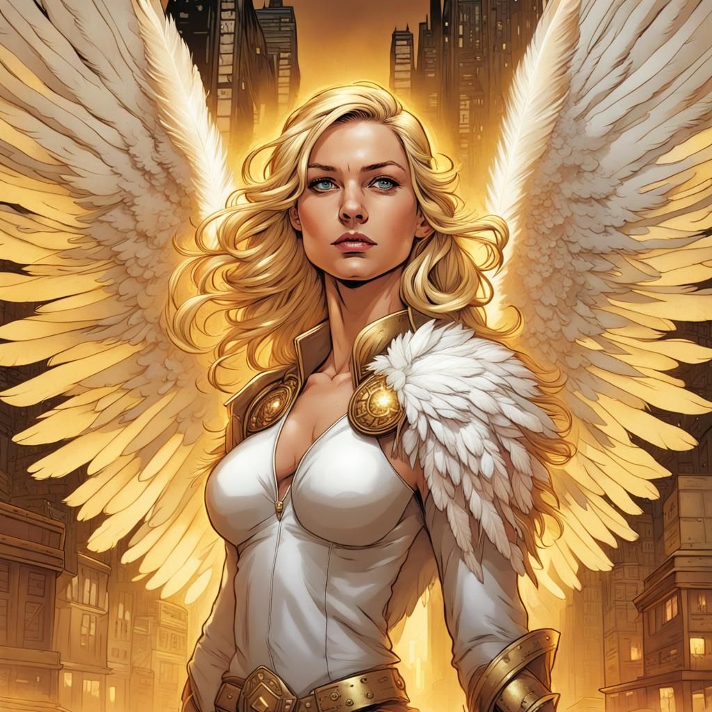 Golden Angel Walking Through a Golden City