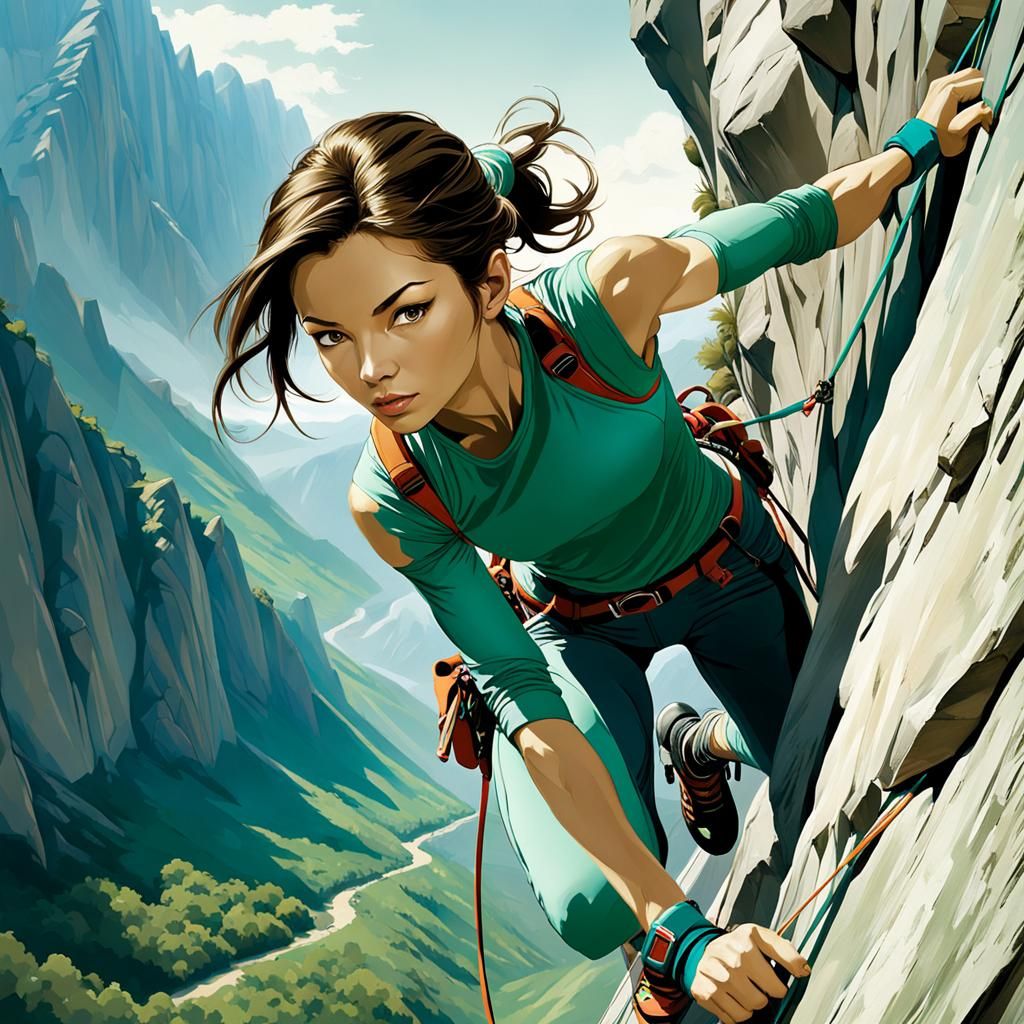 Female Climber on Cliffside in Bright Colors