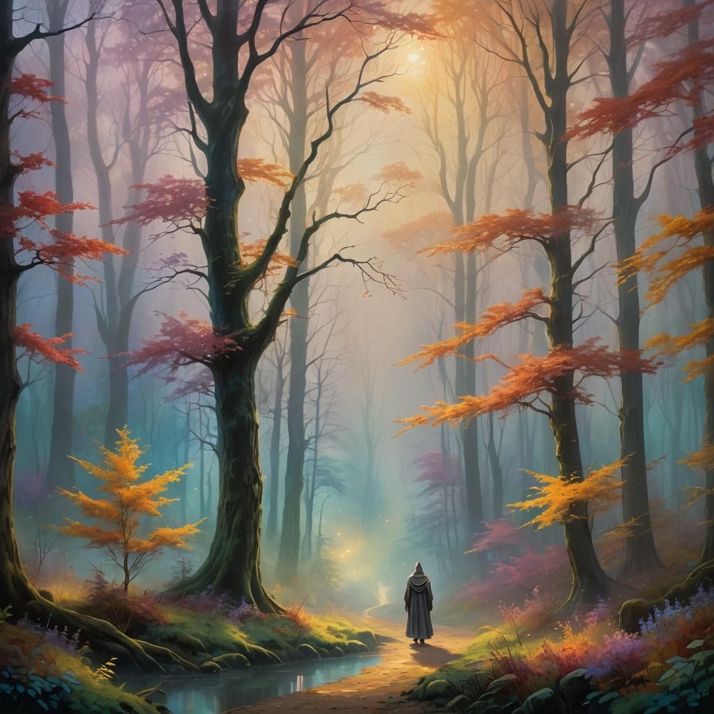 Ethereal Hooded Figure in Mystical Forest