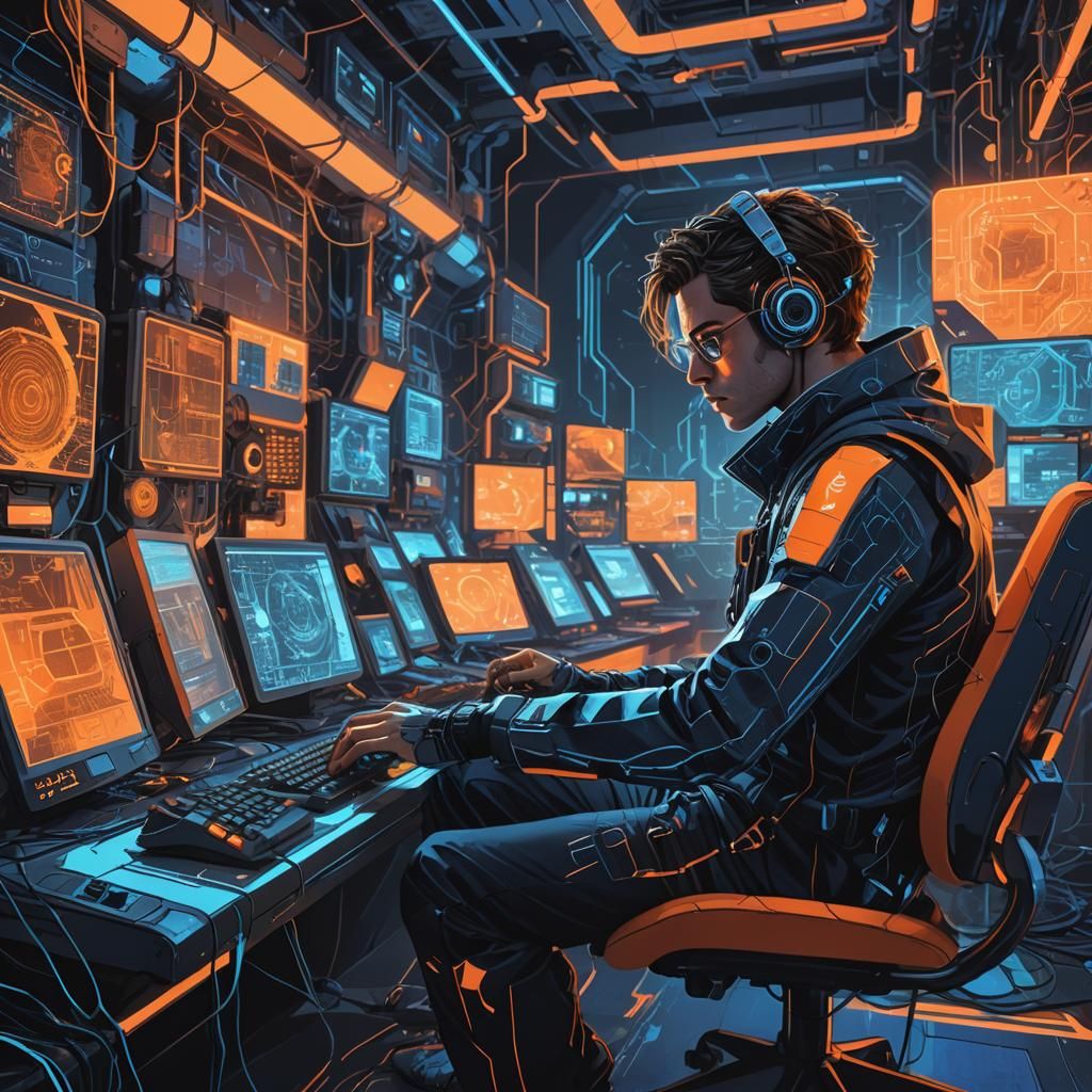 Hacker in Futuristic Cyberpunk Control Room