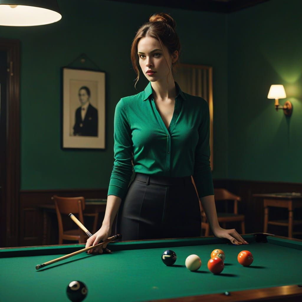 Stylish Woman with Pool Cue in Moody Hall