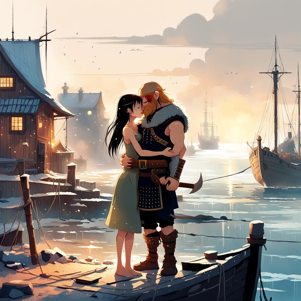Warrior Princess and Viking Sailor Embrace, Anime Style