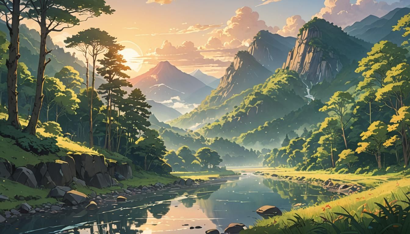 Anime-Inspired River Valley Landscape in Vibrant Style