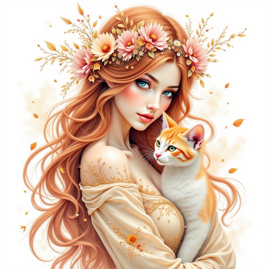 Elegant Elf Woman with Kitten in Autumnal Watercolor