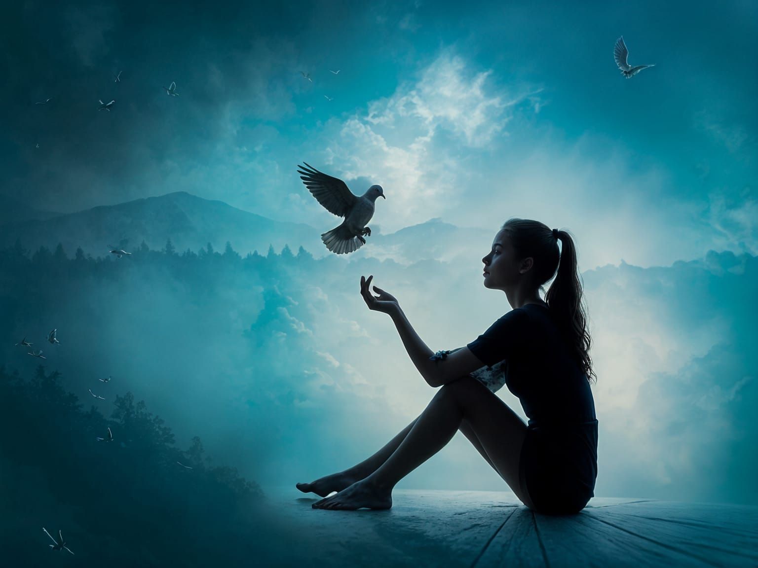 Dove Above Woman's Hand: Ethereal Fantasy Art