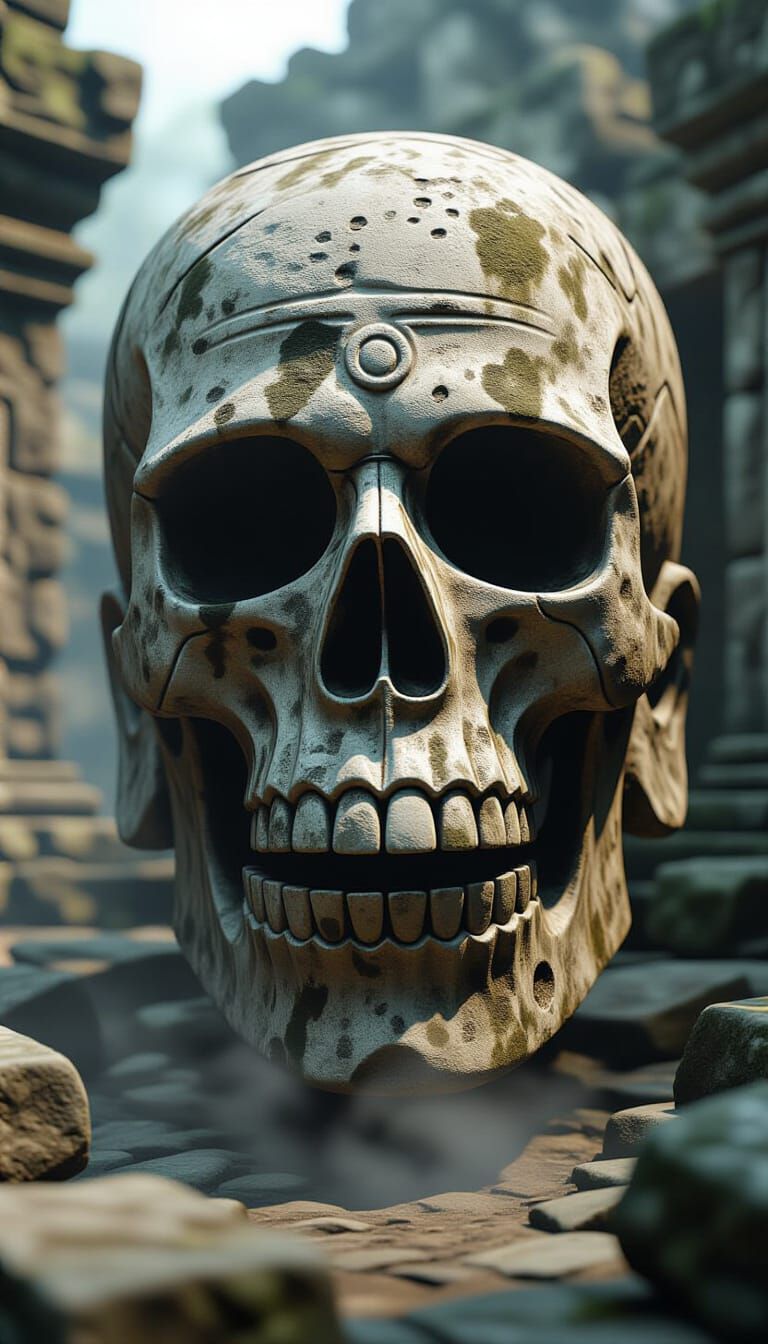 Ancient Limestone Mask of Ancestor Worship in Misty Ruins