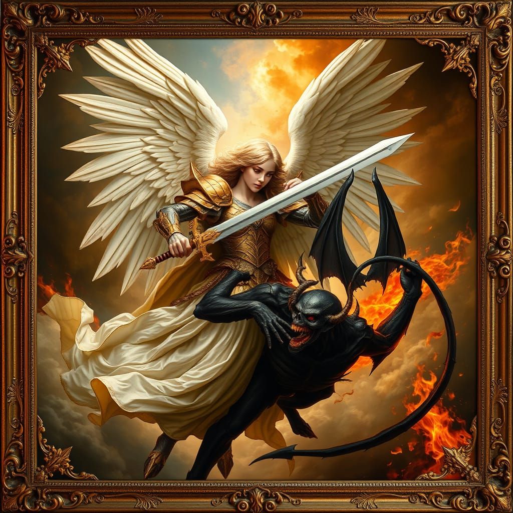 Ethereal Angel Battles Dark Demon in Fiery Skies, Pre-Raphae...