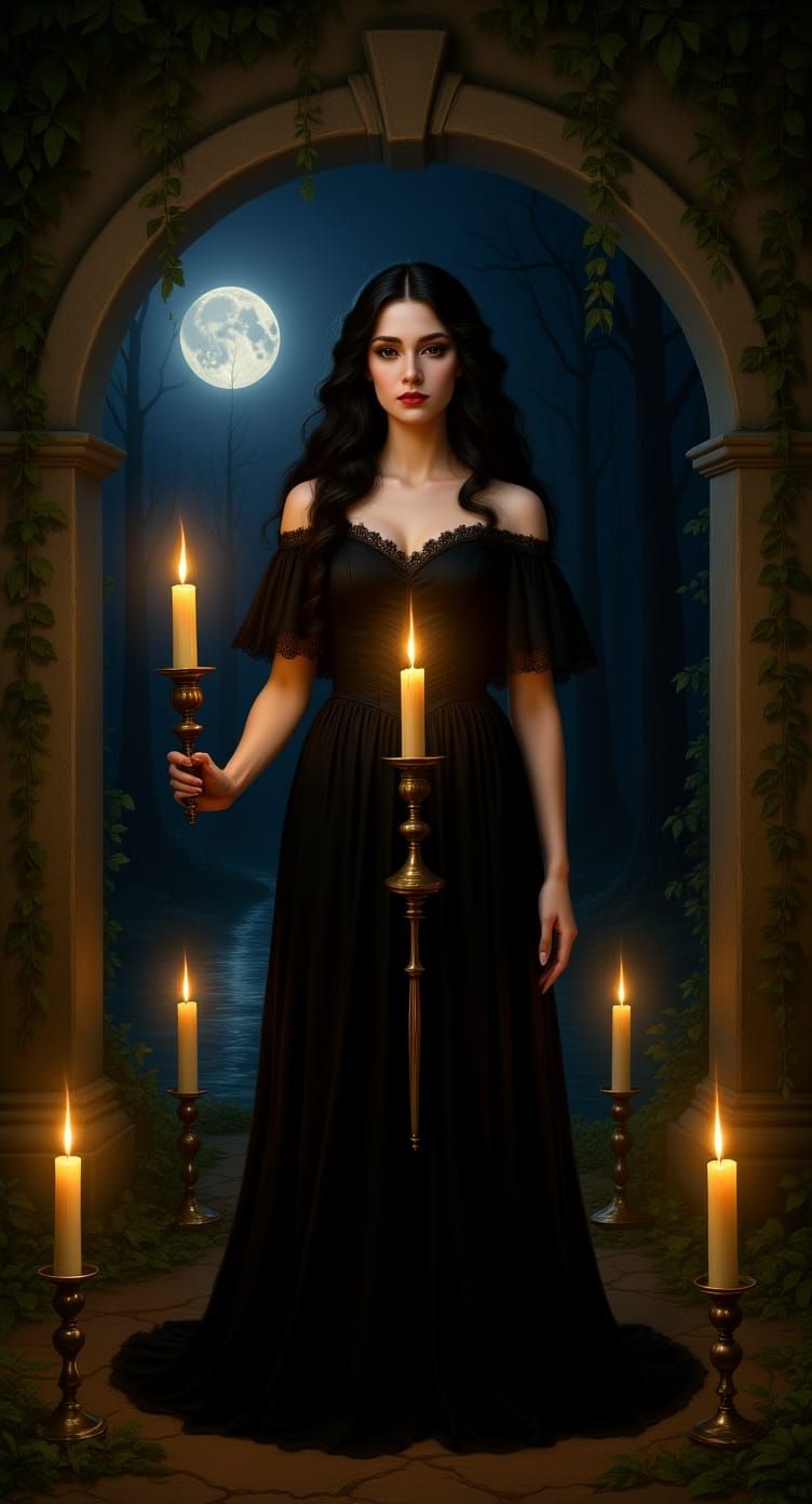 Victorian Woman with Candlestick in Moonlit Forest