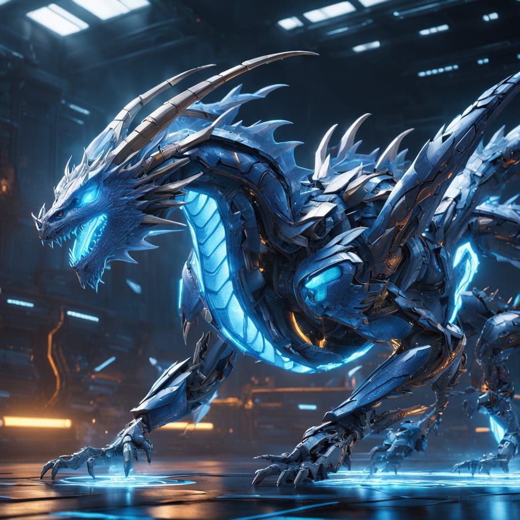 Cyberpunk Robot Dragon Soars in Electric Blue Light