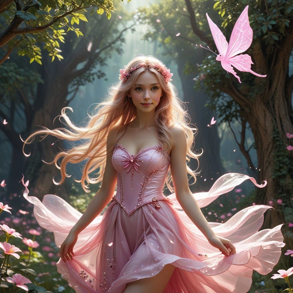 Delicate Fairy Maiden with Long Pink Hair in Whimsical Fanta...