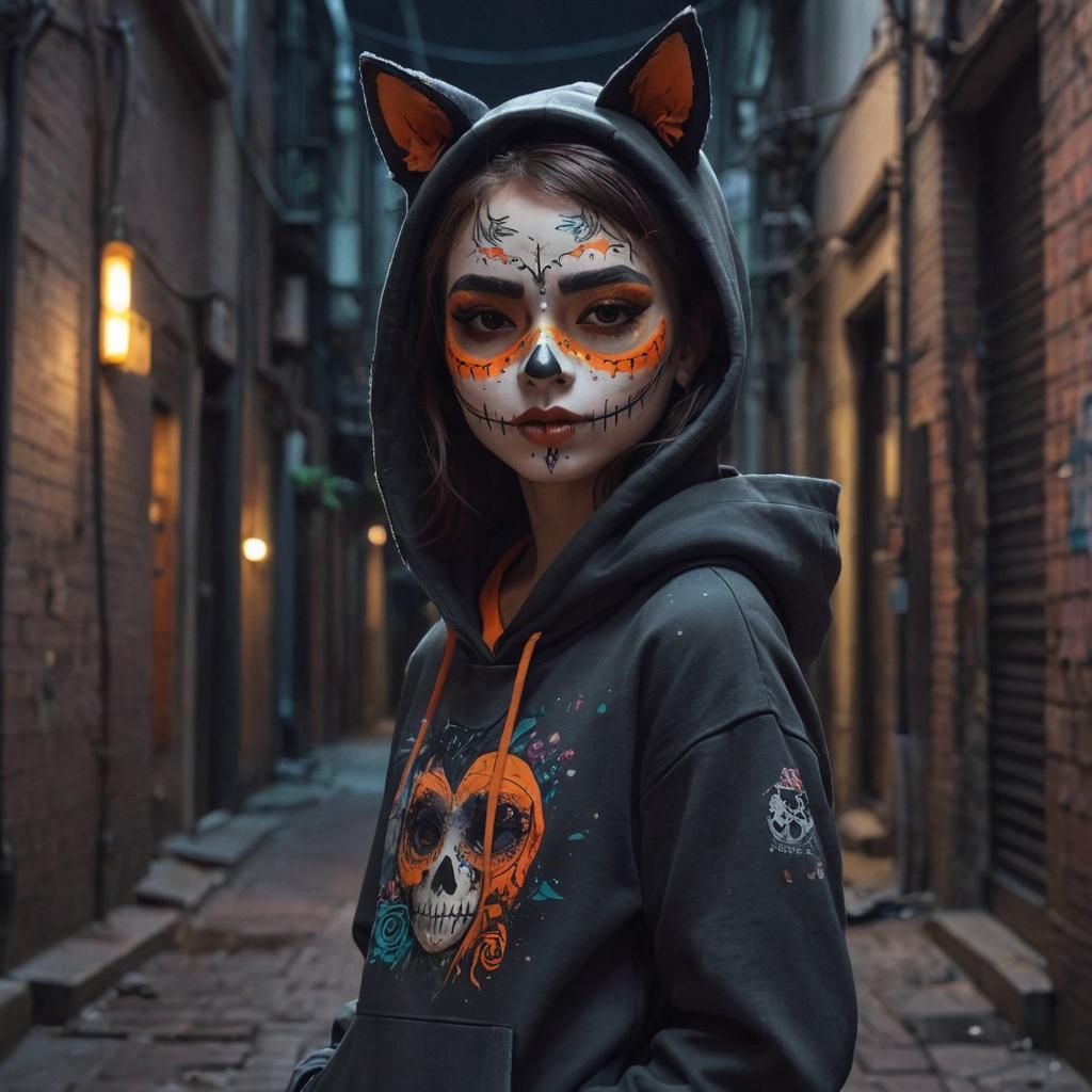 Catrina Girl in Futuristic City, Anime Art