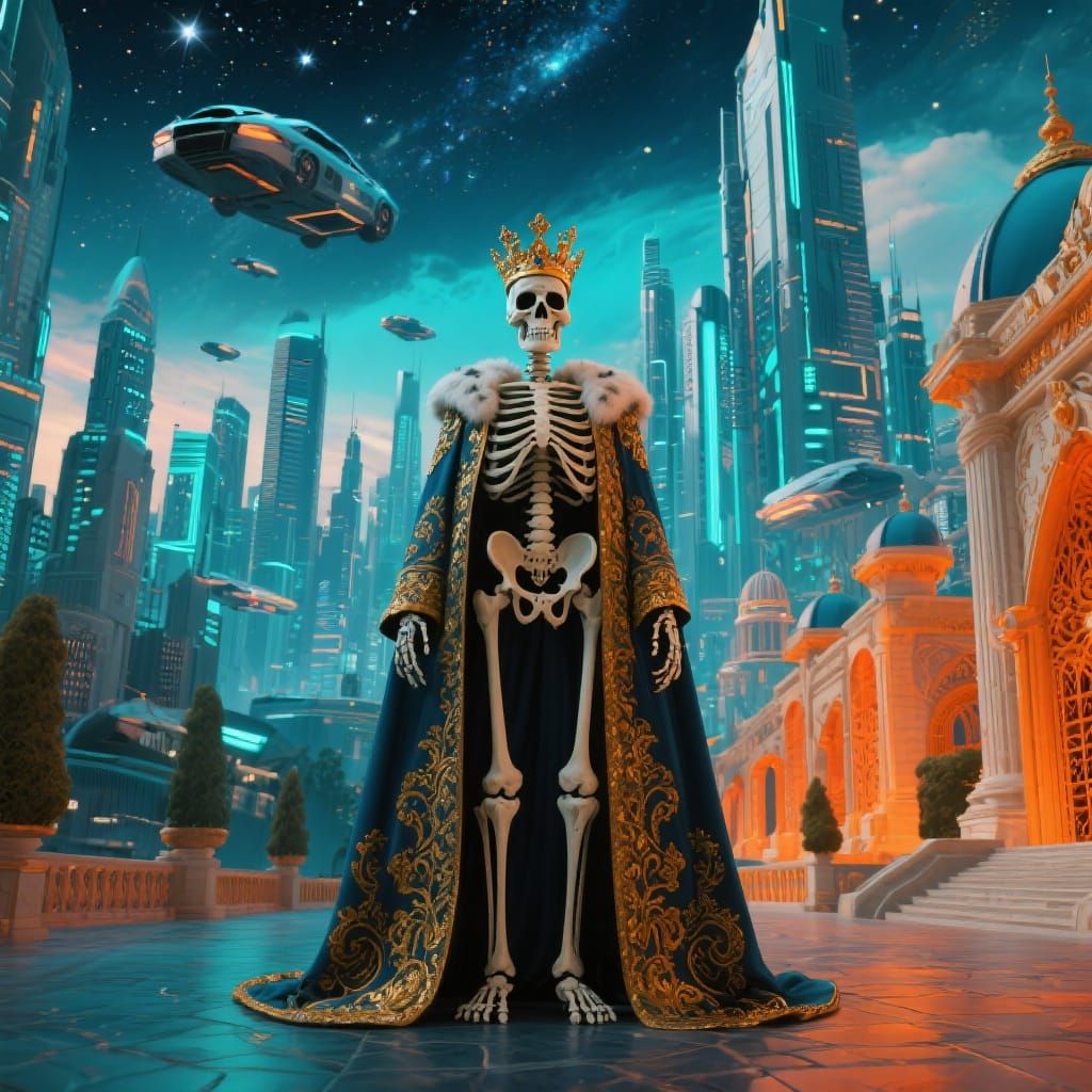 Regal Skeleton in Futuristic Palace Diorama