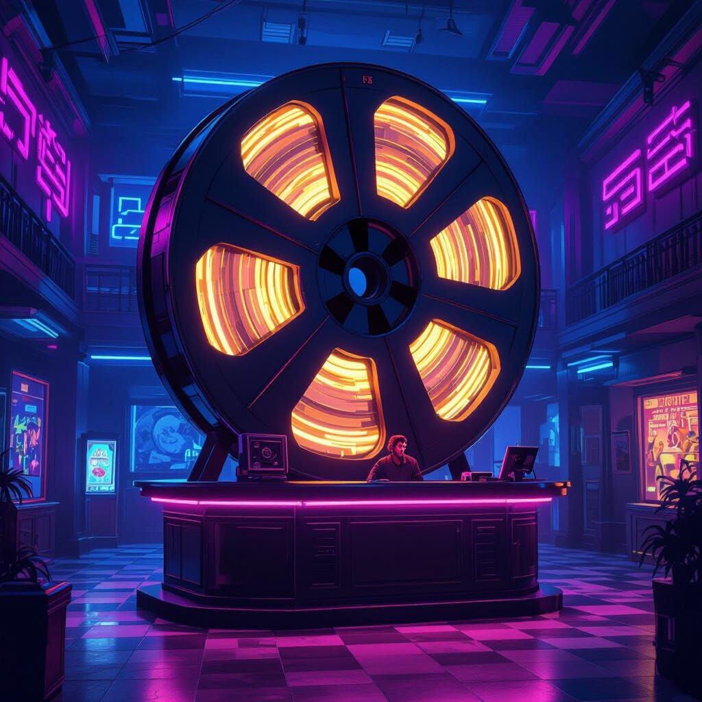 Giant Movie Reel Desk in Neon-Lit Cyberpunk Museum