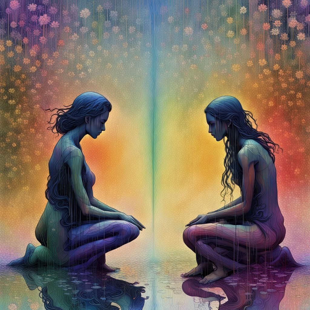 Rainbow Portal: Lovers at a Grave in Digital Rain