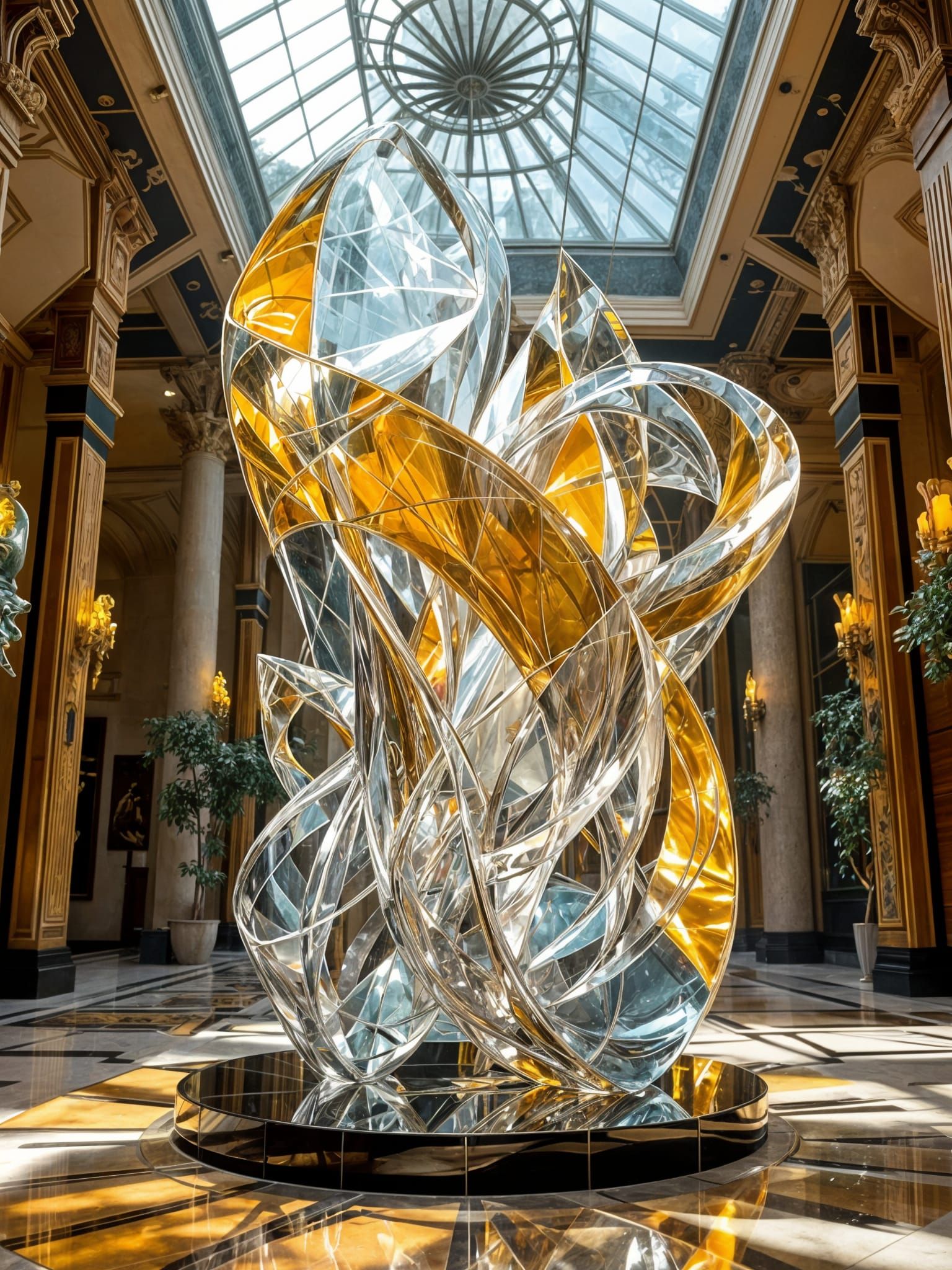 Hyperdetailed Art Deco Glass Sculpture in a Luxurious Museum...