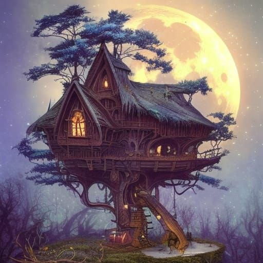Magical Fairy Treehouse Under a Glittering Moon