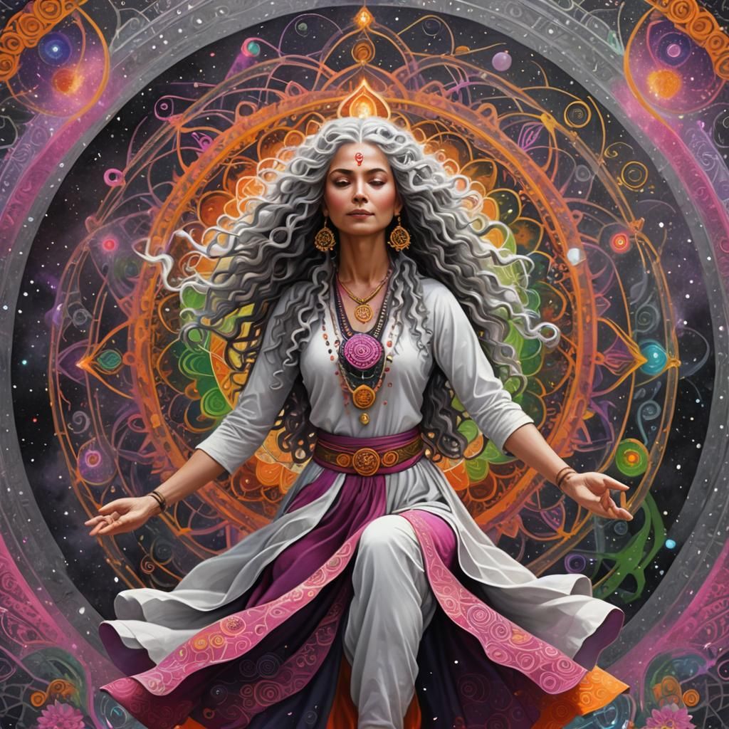Cosmic Woman Dancing with Mandalas in Astral Setting