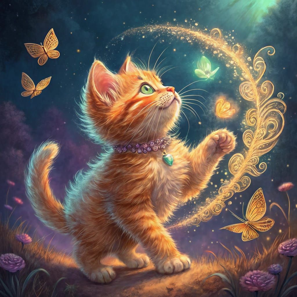 Leaping Kitten Surrounded by Butterflies