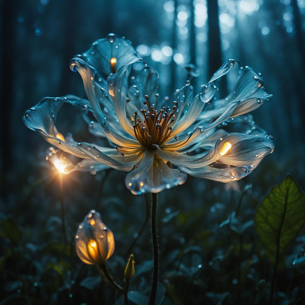 Bioluminescent Flower in Misty Forest, Surreal Digital Art