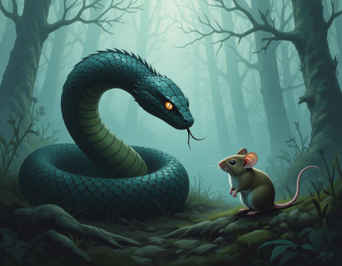 Ominous Serpent Hunts Mouse in Misty Forest