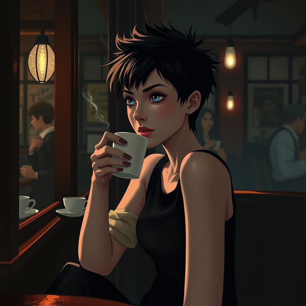 Tomando un café en la noche