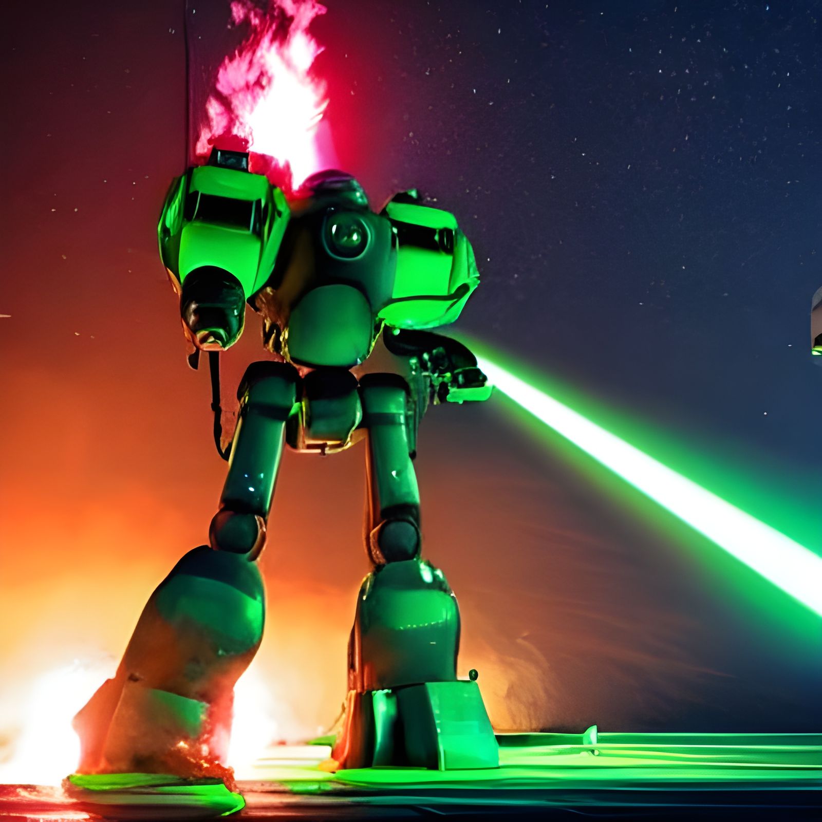 Giant Robot Fires Green Laser at Tank