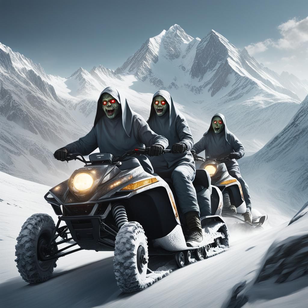 Hyperrealistic Zombie Nuns on Snowmobiles