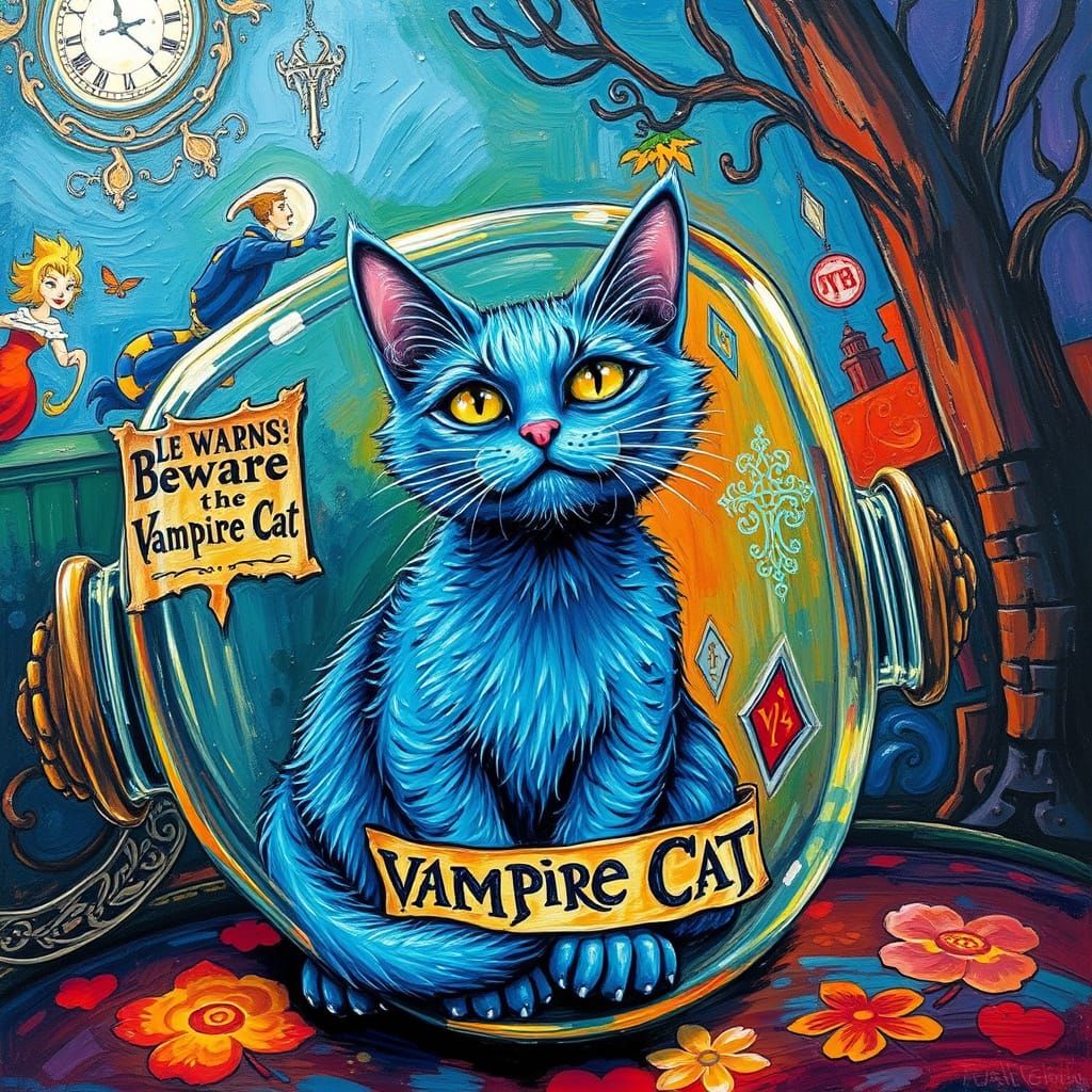 A majestic, mischievous blue Cheshire cat in a magical glass...