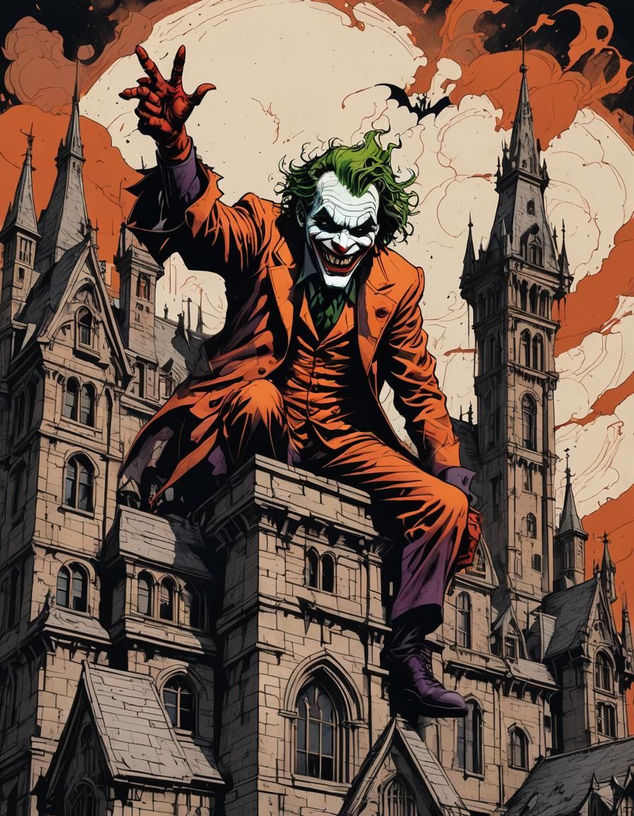 Joker Laughing Atop Arkham Asylum: Gothic Comic Art