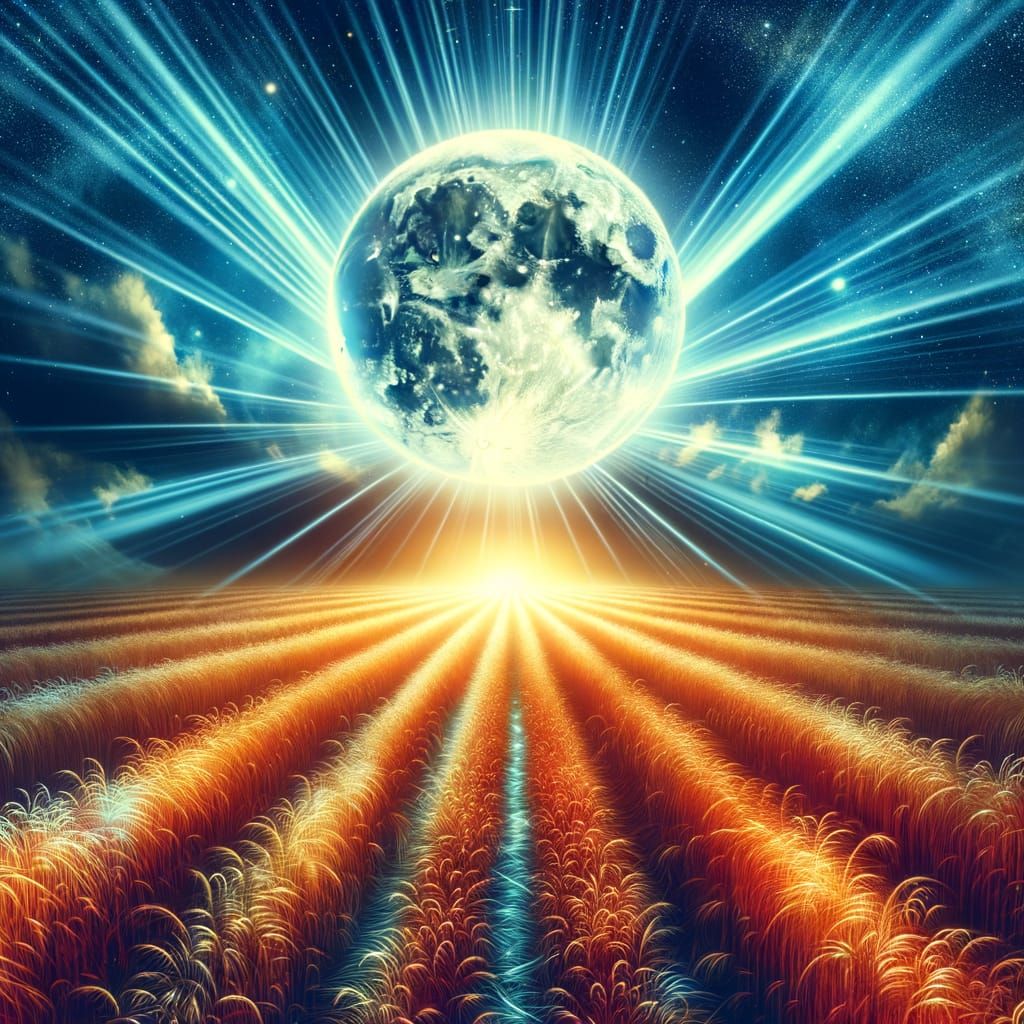 Harvest moon shining brightly in a clear October sky illuminating a gorgeous field below being harvested by the light of...