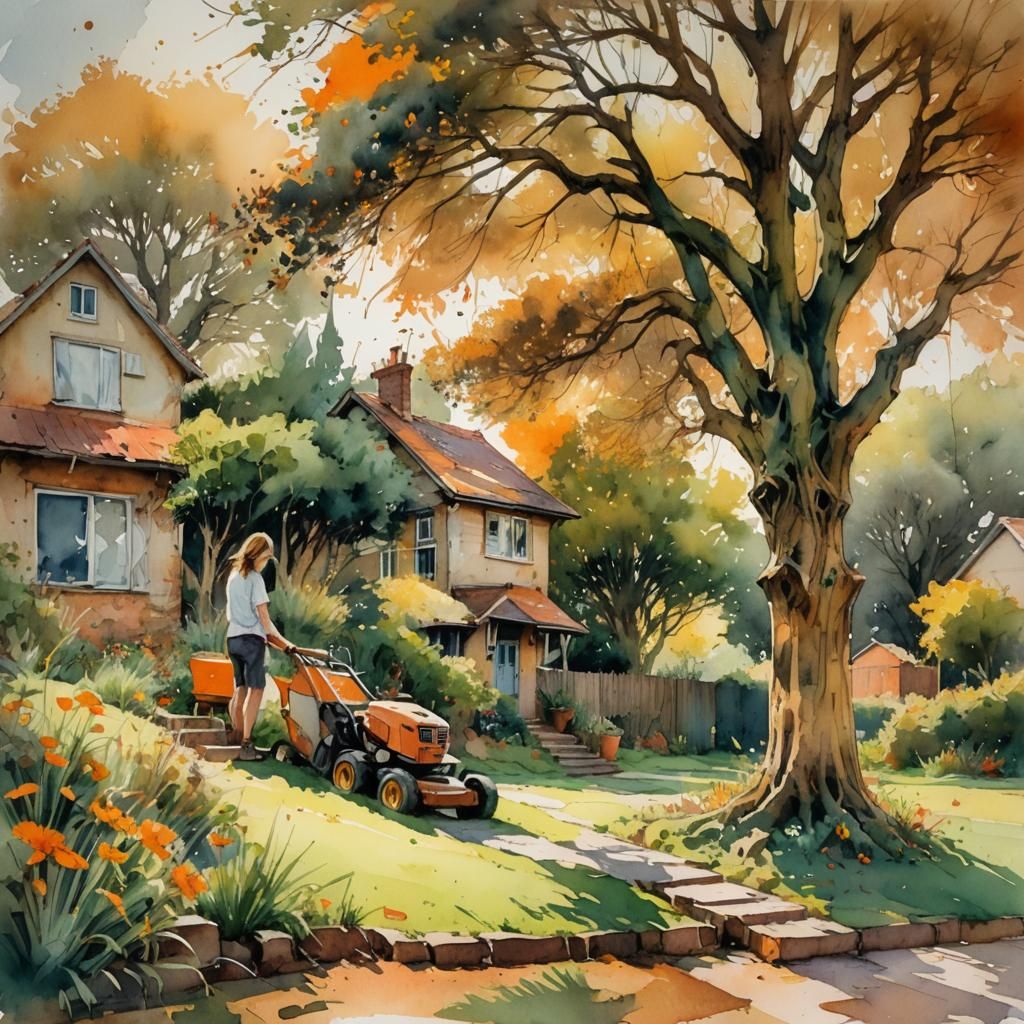 Man Mowing Lawn: Watercolor Impressionism