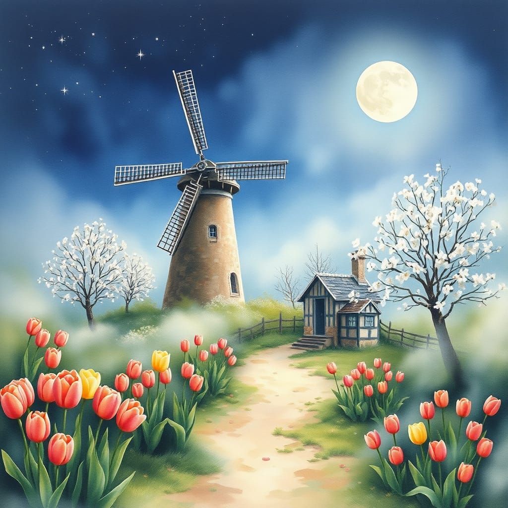 Whimsical Moonlit Garden with Schaapweimolen Windmill