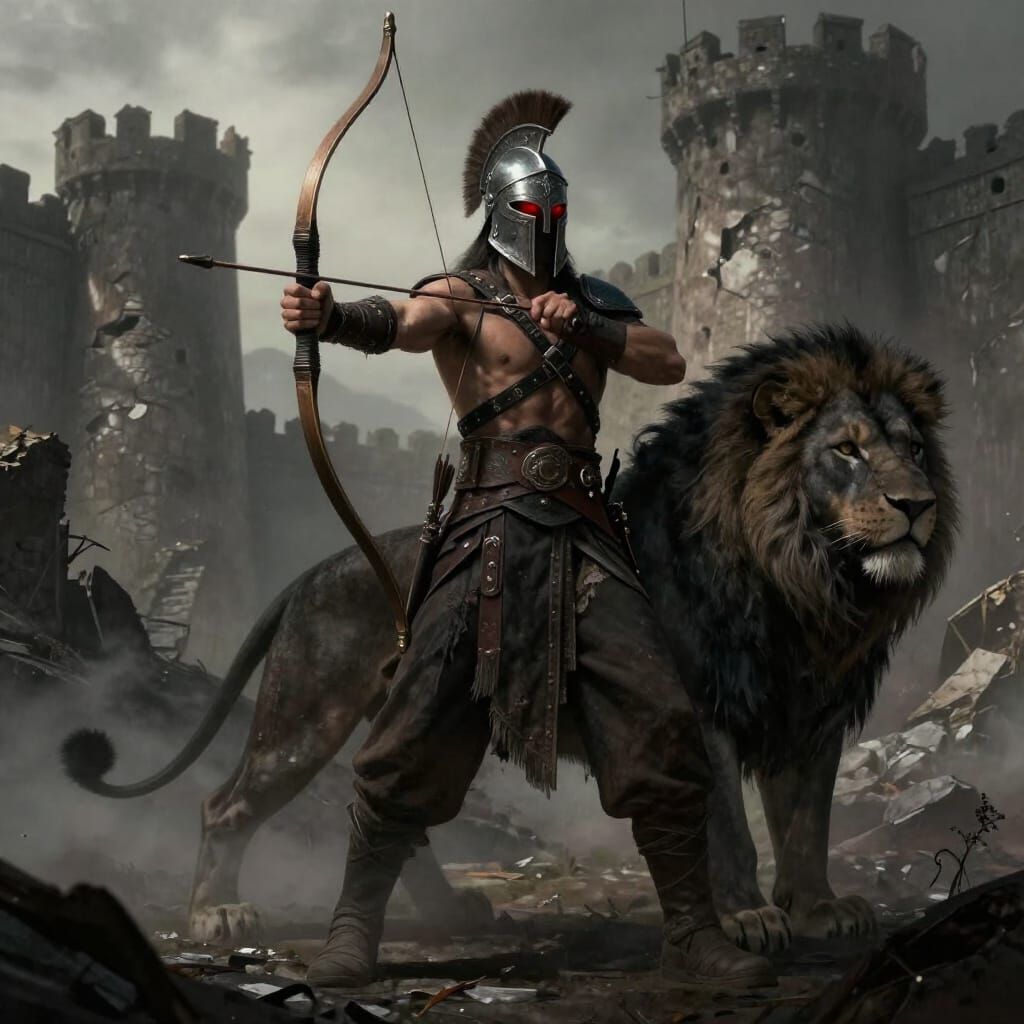 Dark Fantasy Archer with Black Lion Companion