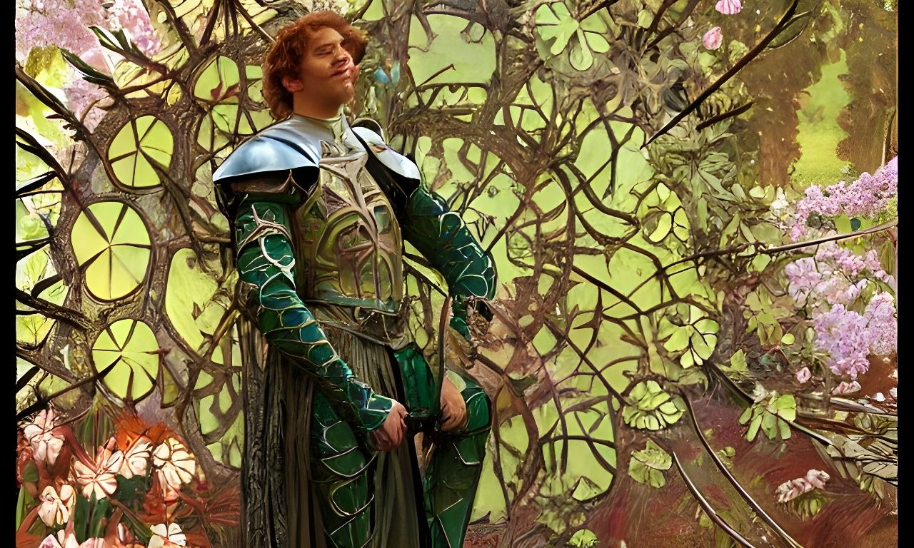 Green Knight in Armor, Alphonse Mucha Style