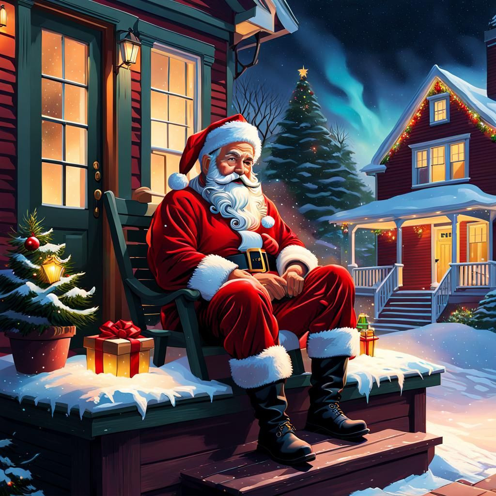 Santa Claus on Boston Porch in Hyperrealistic Style